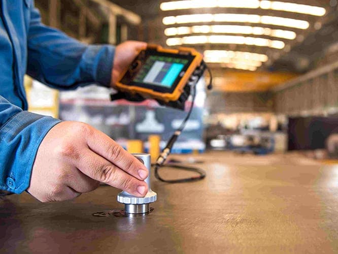 Técnico fazendo ensaio por ultrassom com aparelho portátil